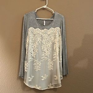 Target size medium women’s gray, long sleeve shirt with white lace.